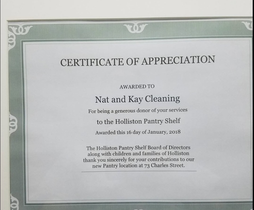 Certificate of Appreciation awarded to Nat and Kay Cleaning by the Holliston Pantry Shelf, January 2018